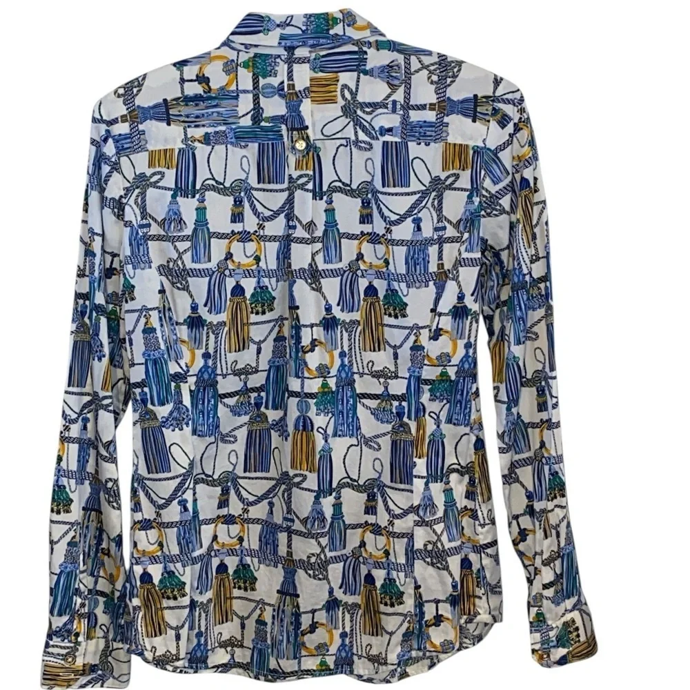 Tommy Hilfiger Blue & Gold Tassel Pattern Button Long Sleeve Up Shirt Old Money
